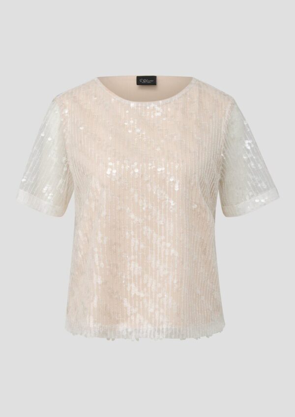 Glamouröse Mesh-Bluse mit Pailletten und Rundhalsausschnitt