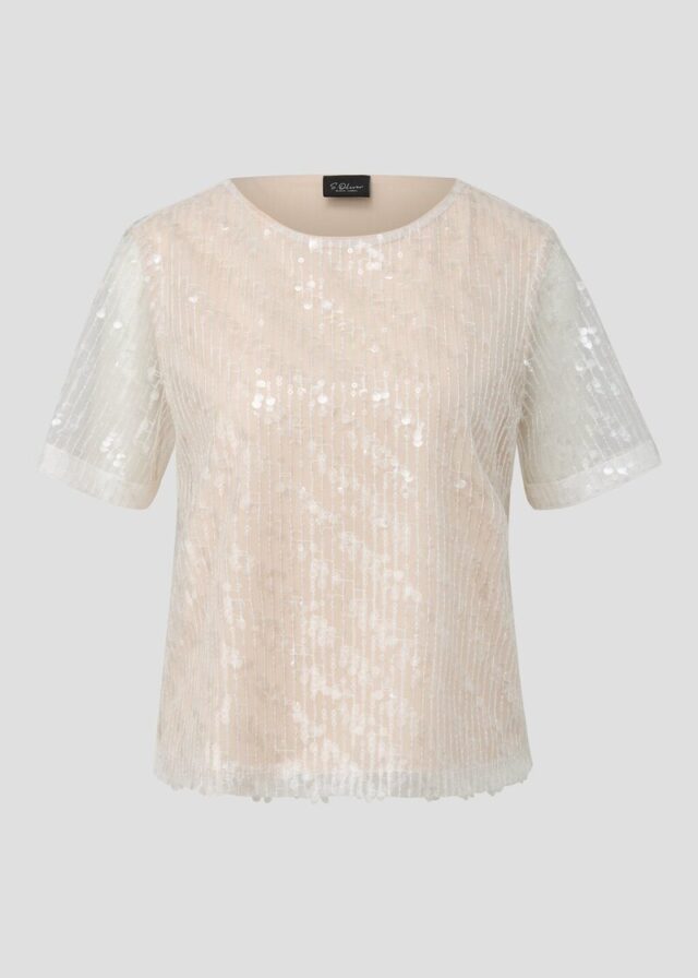Glamouröse Mesh-Bluse mit Pailletten und Rundhalsausschnitt