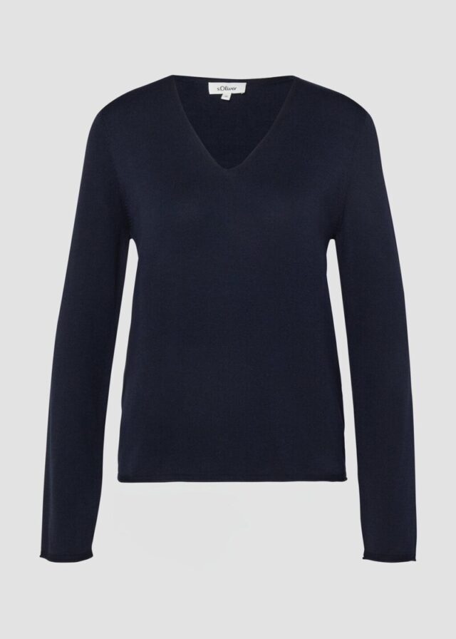 Feinstrickpullover mit V-Ausschnitt und Rollkante am Saum
