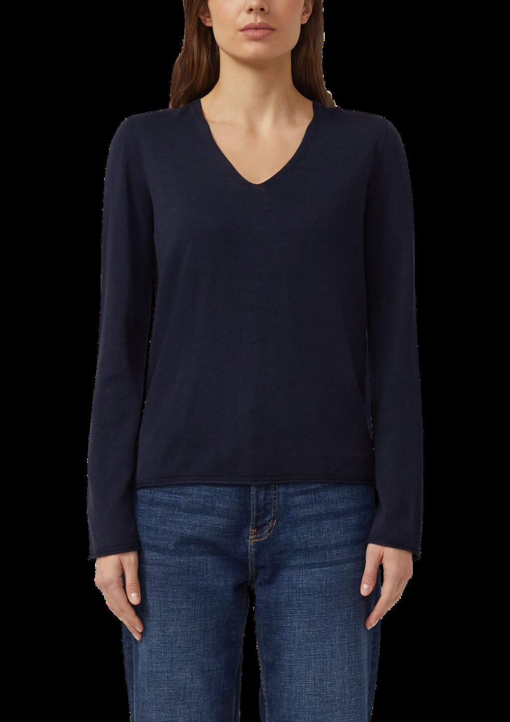 Feinstrickpullover mit V-Ausschnitt und Rollkante am Saum