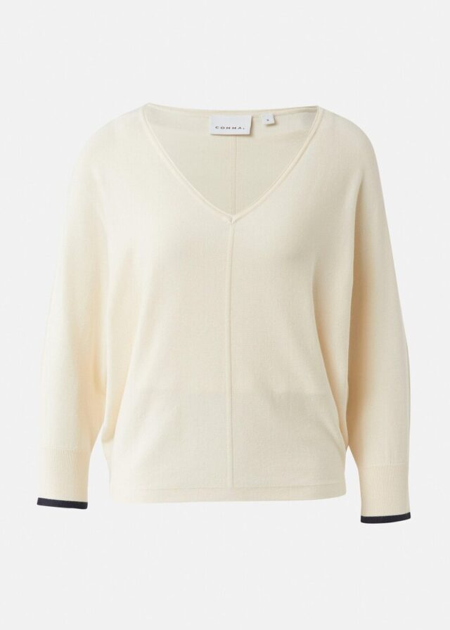 Feinstrickpullover mit Fledermausärmeln und Kontraststreifen