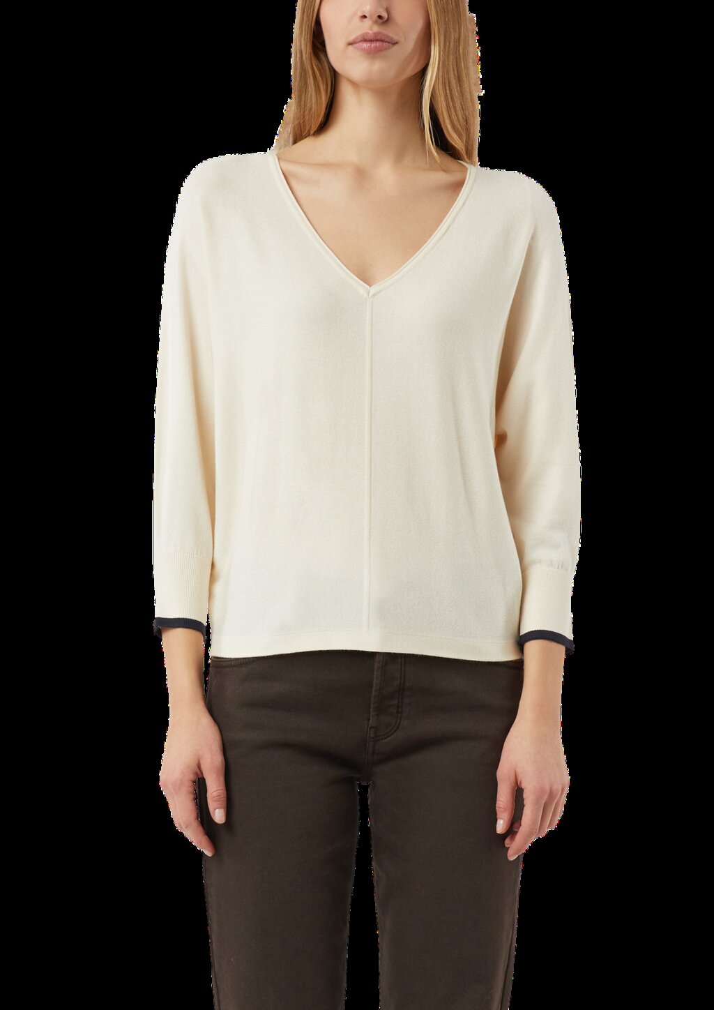 Feinstrickpullover mit Fledermausärmeln und Kontraststreifen