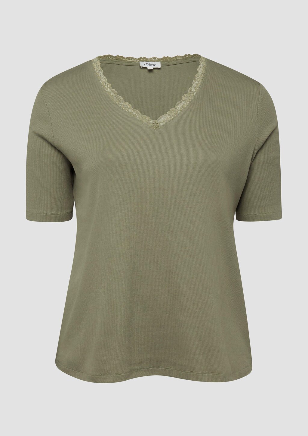 Ripp-T-Shirt mit Spitze am Ausschnitt