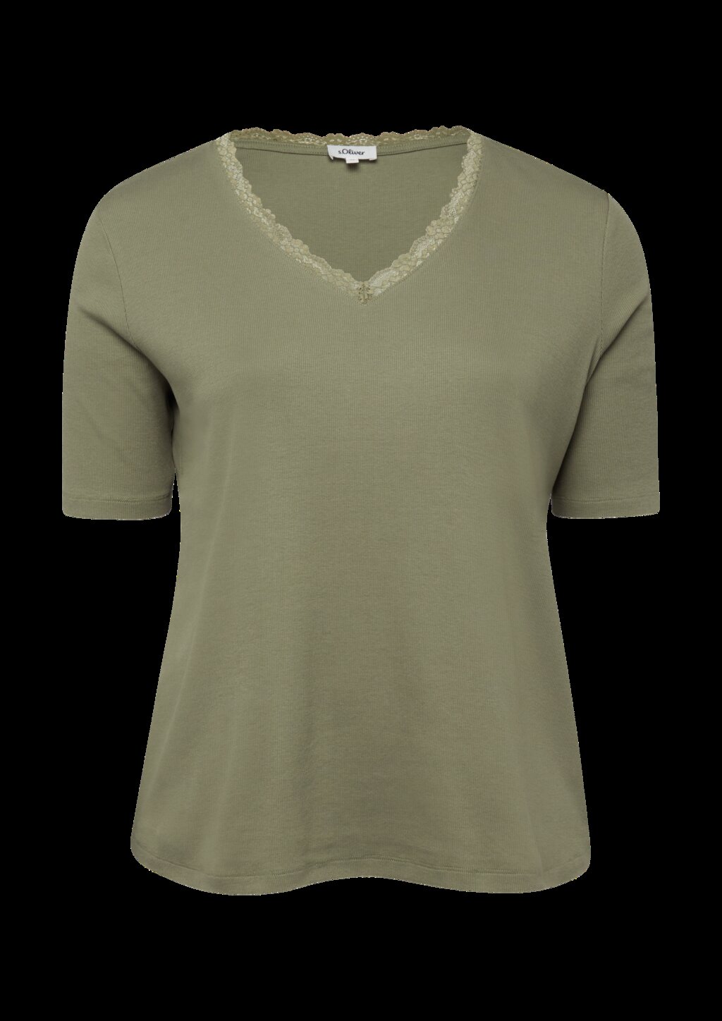 Ripp-T-Shirt mit Spitze am Ausschnitt