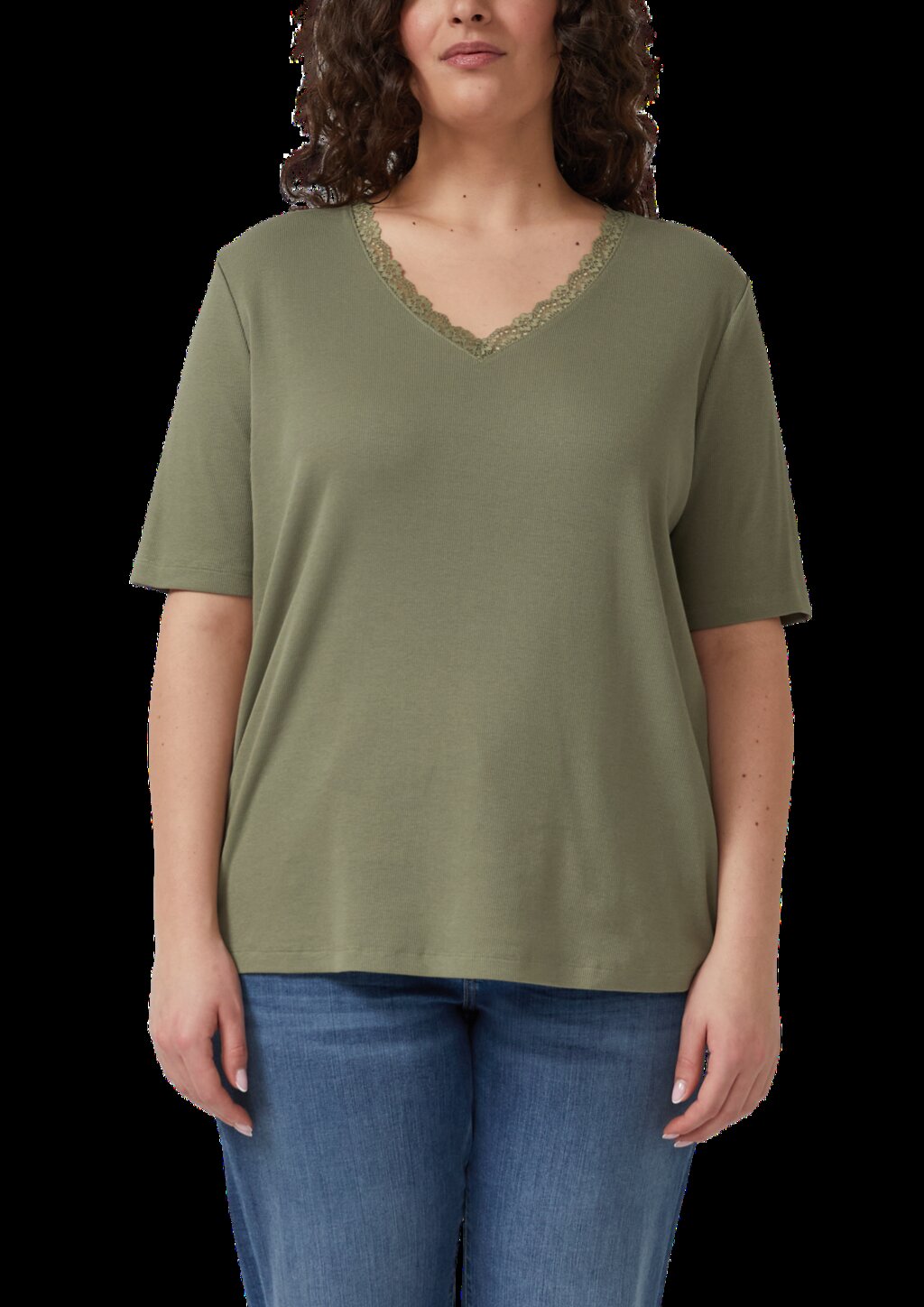 Ripp-T-Shirt mit Spitze am Ausschnitt