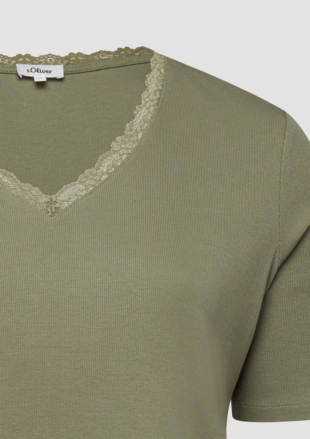 Ripp-T-Shirt mit Spitze am Ausschnitt