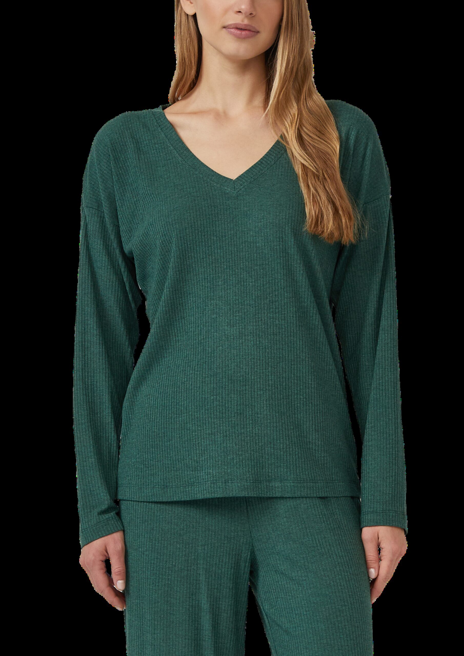 Pyjama-Oberteil mit V-Ausschnitt und Ripp-Struktur