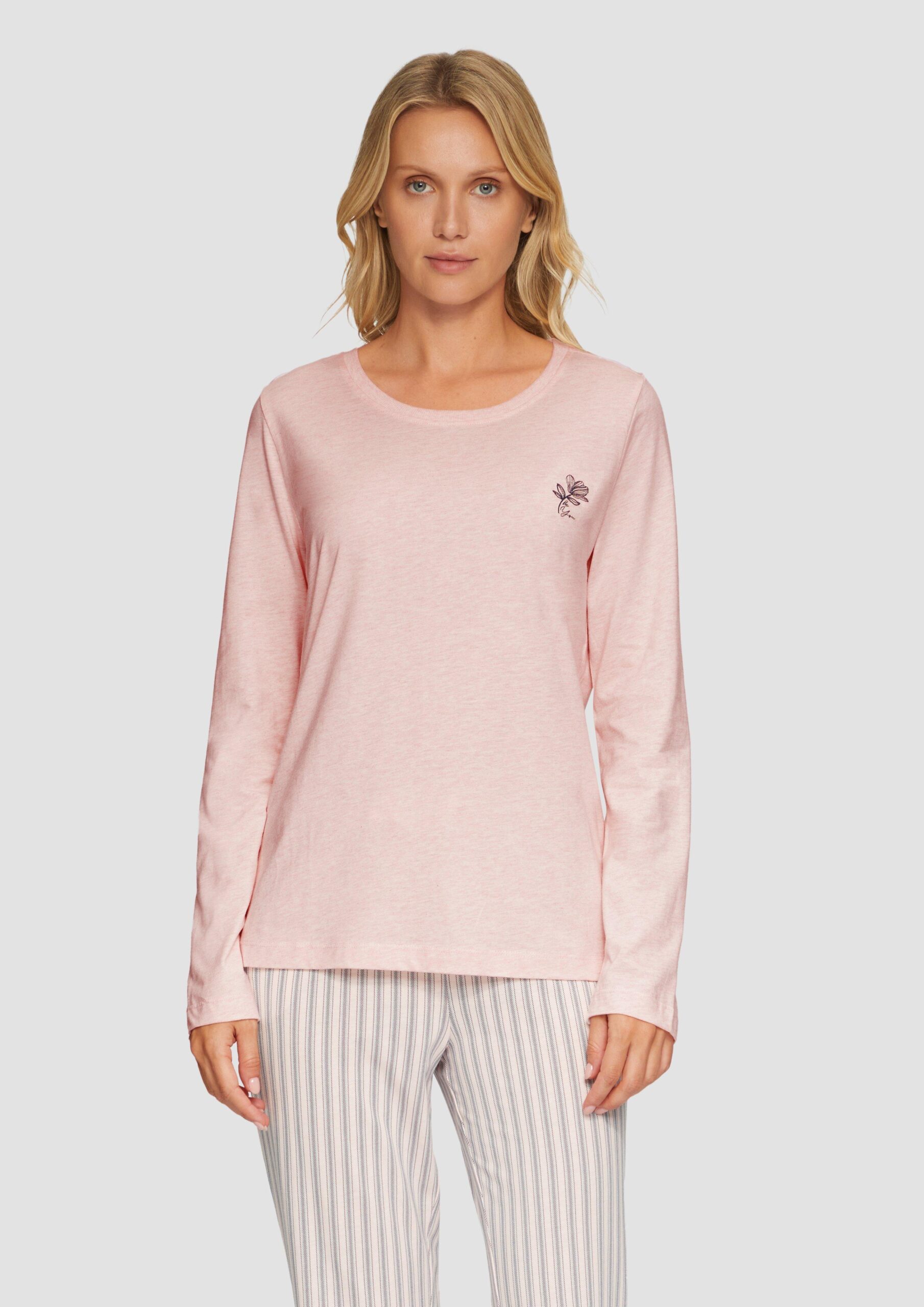 Meliertes Pyjamashirt mit Blumenstickerei